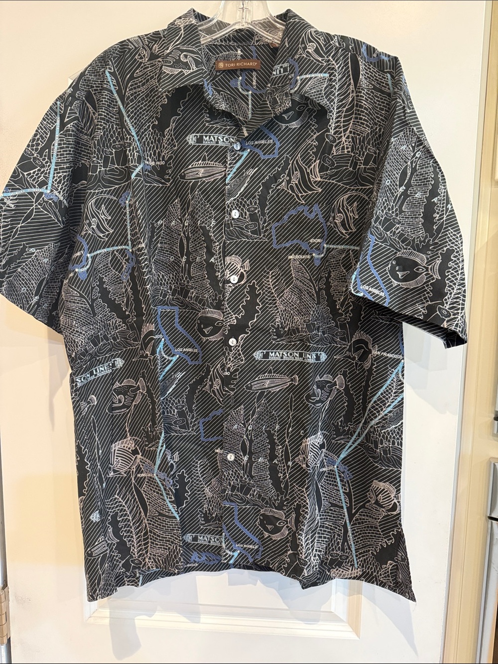 Tori Richard Navy Black Button-Up with Blue Map Print 100% cotton Sz L